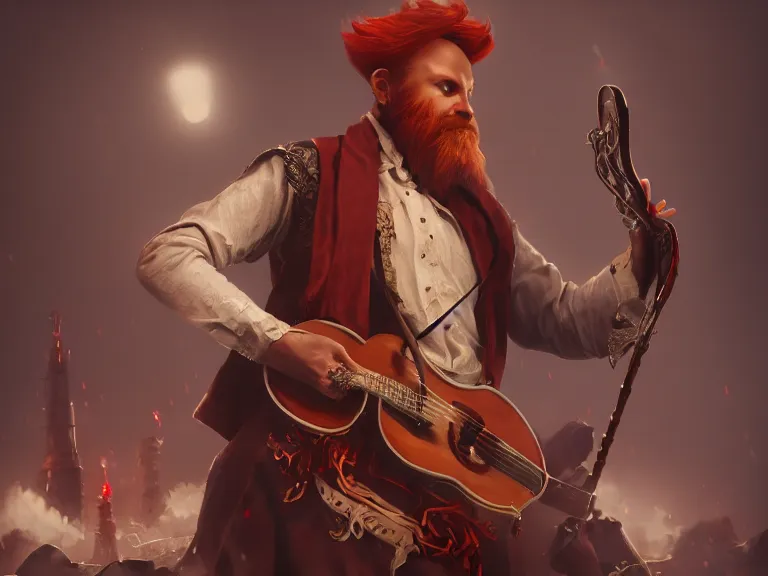 Prompt: Musical Red Headed Slender Male Bard looking to run a Scam, RPG Character Reference, Oil Painting, Trending on Artstation, octane render, Insanely Detailed, 8k, HD