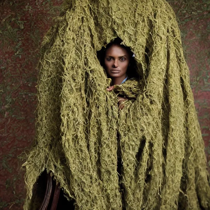 Prompt: closeup portrait of a woman with a cloak made of ivy, sitting in a chair in an abandoned house, by Annie Leibovitz and Steve McCurry, natural light, detailed face, CANON Eos C300, ƒ1.8, 35mm, 8K, medium-format print