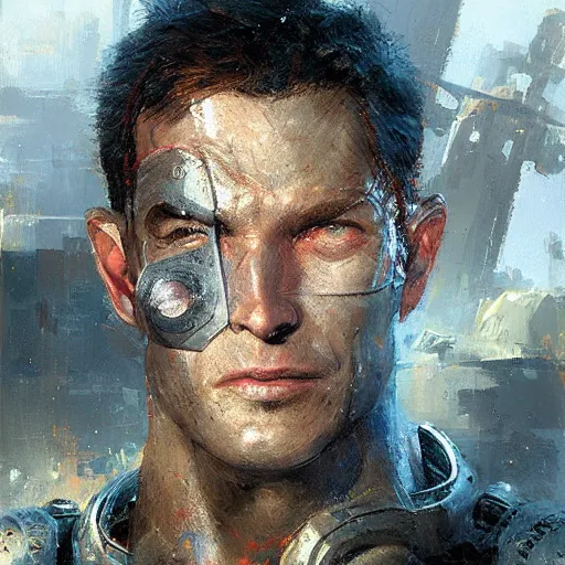 Prompt: heroic man (cyborg), sci fi portrait by craig mullins