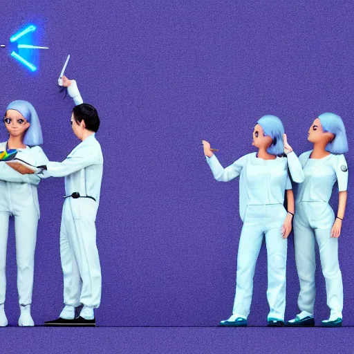 Image similar to troop of very short cloned women with white bob hairdos, tight light blue and lavender jumpsuits, standing next to tall scientist looking at a clipboard, futuristic cloning facility, sci - fi, highly detailed, cinematic