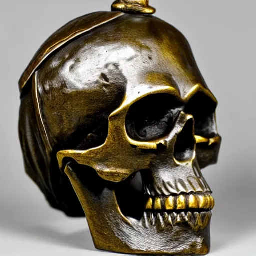 Prompt: skull with a samurai hat old bronze statue, intricate detail, full shot, museum lighting