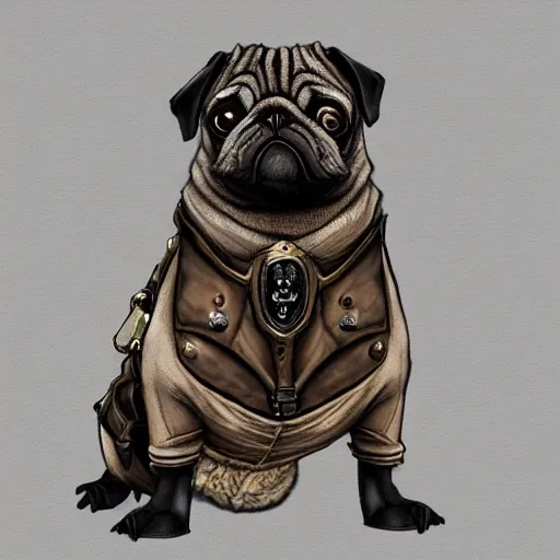 Image similar to pug dressed with inspirations from steampunk style, high detailed, digital art, trending on artstation, devianart, cgsociety