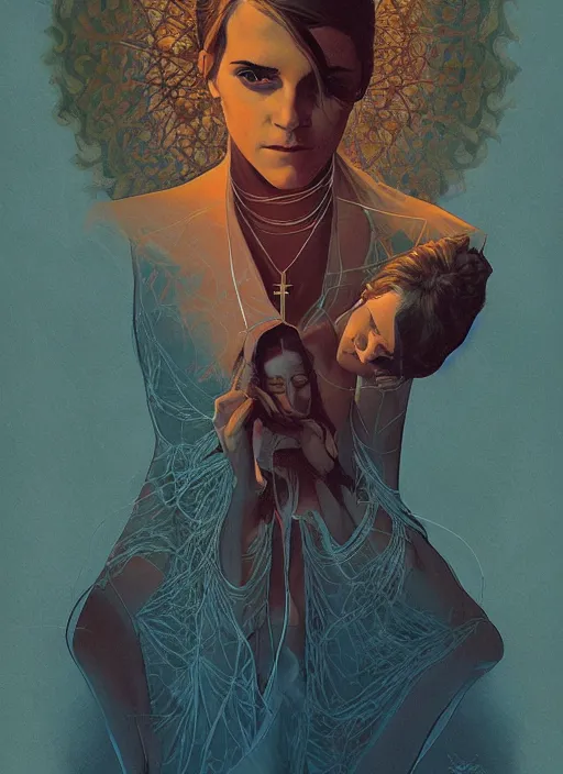 Image similar to poster artwork by Michael Whelan and Tomer Hanuka, Karol Bak of religious Emma Watson wearing cross necklace, on knees swinging all her might into the ground, from scene from Twin Peaks, clean