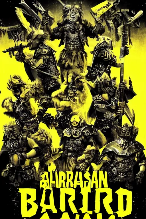 Image similar to armored barbarians, loaded with weapons and animal skulls, horror sci - fi black and yellow poster