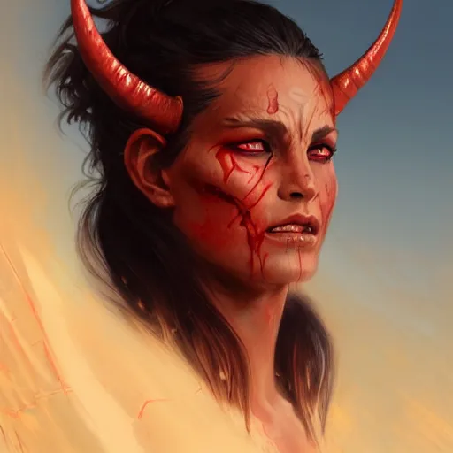 Prompt: portrait of a strong fierce female berber tiefling barbarian with red skin, devil horns and black hair in a ponytail in a desert, fantasy, highly detailed, digital painting, artstation, concept art, character art, art by greg rutkowski and tyler jacobson and alphonse mucha