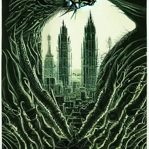 Image similar to by nick walker, by david a. hardy deep green, shaders lush. a beautiful illustration of a large, monster looming over a cityscape. the monster has several eyes & mouths, & its body is covered in spikes. it seems to be coming towards the viewer, who is looking up at it in fear.