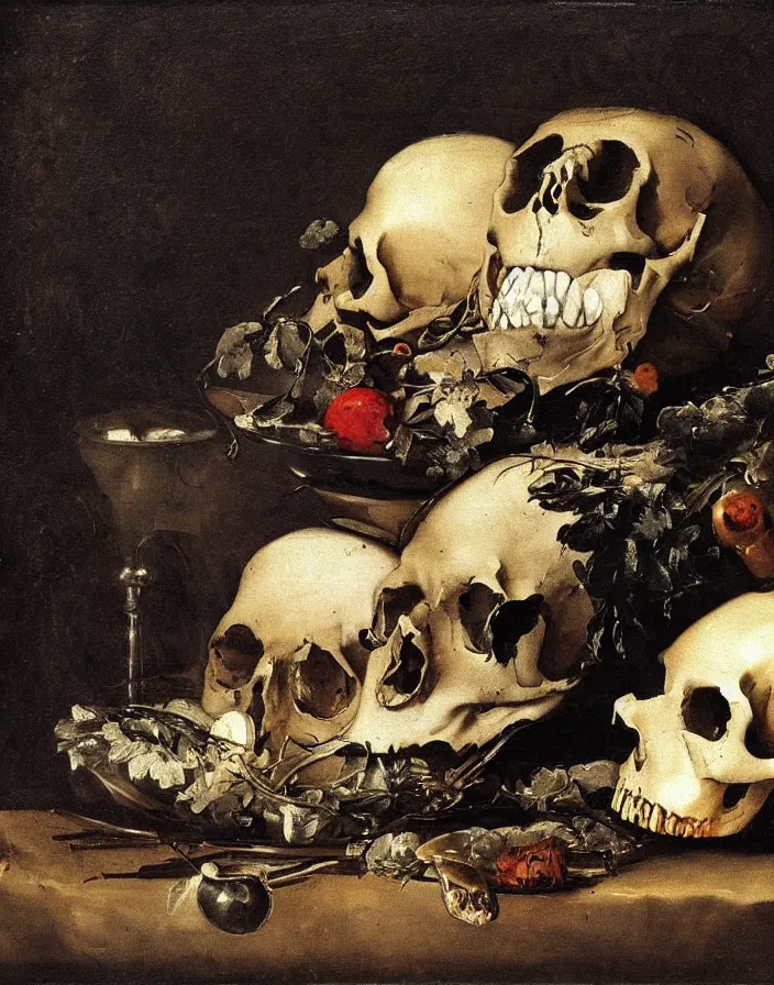 Prompt: still life painting with a single skull on a silver platter, dead flowers, rotten fruit, lit by a single candle by Diego Velázquez and francisco goya