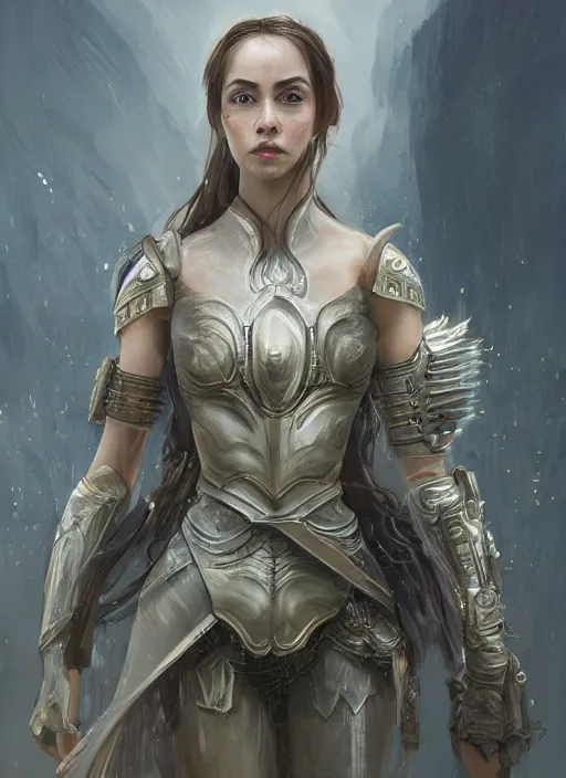 Image similar to a professional portrait of a beautiful young female, clothed in ethereal battle armor, olive skin, long dark hair, beautiful bone structure, symmetrical facial features, intricate, elegant, digital painting, concept art, smooth, sharp focus, finely detailed, illustration, from Valerian and the City of a Thousand Planets, in the style of Ruan Jia and Mandy Jurgens and Artgerm and Greg Rutkowski and William-Adolphe Bouguerea