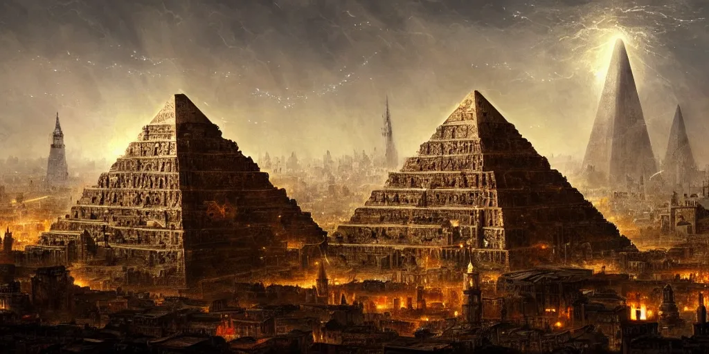 Image similar to magical city of the great tartarian empire adorned with amazing lost technology, lighting resembling fireflies, spires from rooftops collecting and distributing etheric energy, the centerpiece of the city is a colossal ancient pyramid made of metal, cityscape, combining intense detail & utmost quality, late 1 8 0 0 s photography christian hecker, artstation, - h 8 3 2