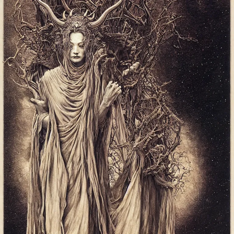 Prompt: A detailed horned many-faced goddess stands among the cosmos. Wearing a ripped mantle-robe in cosmic texture. Perfect faces, extremely high details, realistic, fantasy art, solo, masterpiece, art by Zdzisław Beksiński, Arthur Rackham, Dariusz Zawadzki
