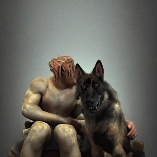 Image similar to two humanoid german shepherds beast - men, sitting on a couch and hugging together, artstation, concept art, smooth, sharp foccus ilustration, artstation