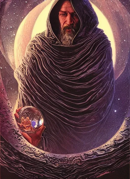 Image similar to wizard in a hooded cloak gazing into a crystal ball, high details, intricately detailed, by vincent di fate, artgerm julie bell beeple, inking, screen print