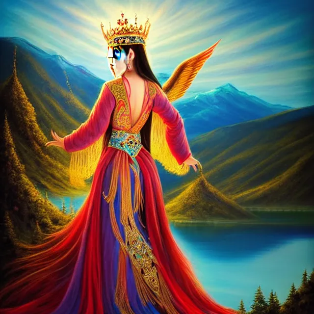 Image similar to beautiful asian mongolian princess goddess spreading its wings, princess wearing a beautiful ornate crown, in the background lake baikal is seen, atmospheric lighting, intricate, volumetric lighting, beautiful, sharp focus, ultra detailed, in the art style of bagshaw tom