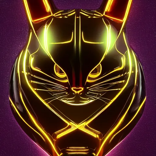 Image similar to chrome cat, glossy, metallic, neon, symmetrical, tribal patterns, realistic, unreal engine, octane, redshift, artstation, behance