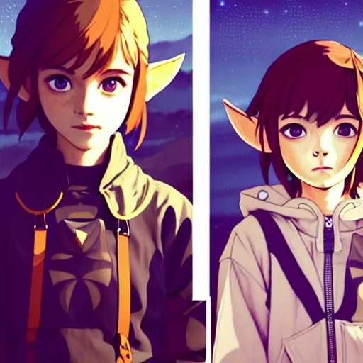 Image similar to beautiful boyish emma watson in majora's mask, wearing oversized mayan bomber jacket with overalls and leotard, bulky poofy bomber jacket with mayan patterns, aztec street fashion, gapmoe yandere grimdark, trending on pixiv fanbox, painted by greg rutkowski makoto shinkai takashi takeuchi studio ghibli, akihiko yoshida