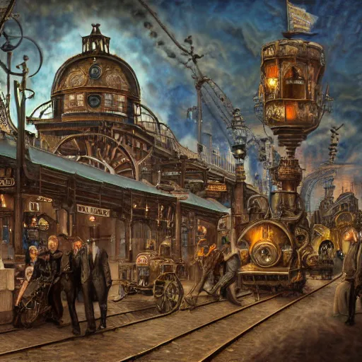 Prompt: fantasy steam punk machine walks through the center of a dallas, extremely detailed oil painting, 1 9 2 0's colored pencil, highly detailed, highly accurate, deep aesthetic, 8 k, highly ornate intricate details, cinematic lighting, rich colors, beautiful scenic view, ray tracing, hyperrealistic, photorealistic, cinematic landscape, trending on artstation, concept art,