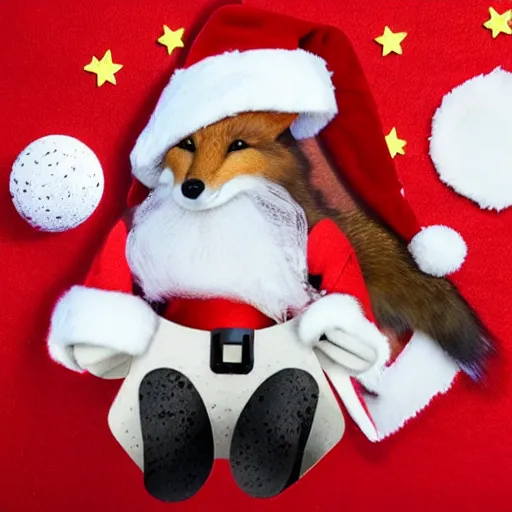 Prompt: fox wearing a santa hat flying in space with asteroids made out of swiss cheese