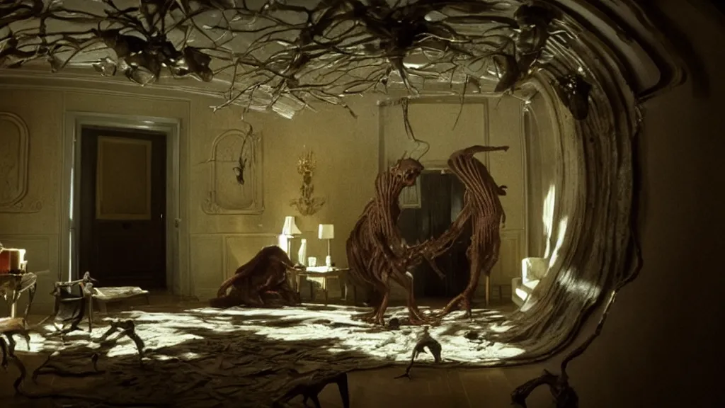 Image similar to the creature on the house in the house, film still from the movie directed by denis villeneuve and david cronenberg, with art direction by salvador dali, wide lens