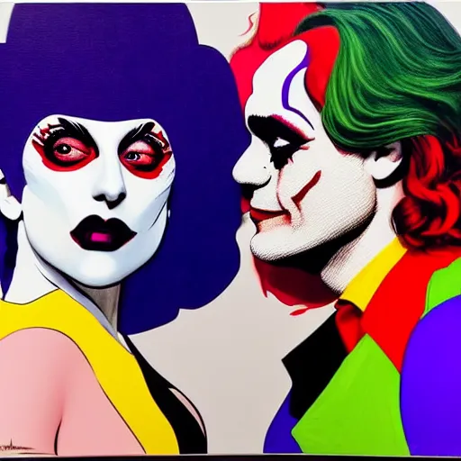 Prompt: richard hamilton and mimmo rottela as lady gaga harley queen and joaquin phoenix joker kissing, pop art, medium long shot, 2 color, random content position, hyper detailed content, dynamic composition, 4 k, ultra realistic art, smooth, sharp focus, illustration, concept art, intricate details, h 7 6 8