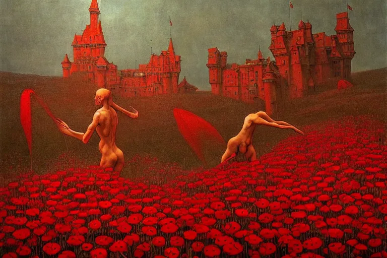 Image similar to only with red, red flowers of different types, a red tiger, a castle in the background, medieval demons dance over the flowers, an ancient path, in the style of beksinski, part by hopper, part by rodcenko, part by hofbauer, intricate composition, red by caravaggio, insanely quality, highly detailed, masterpiece, red light, artstation