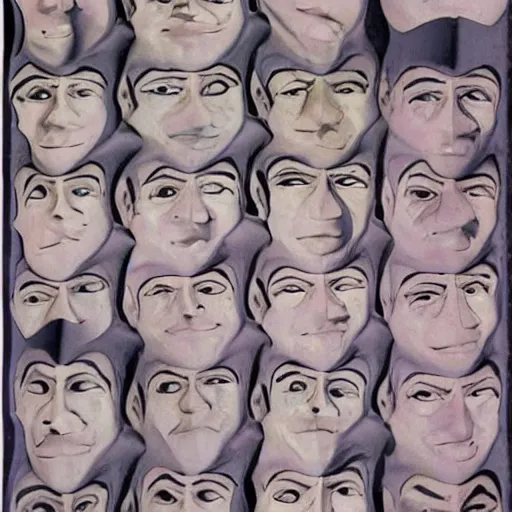 Image similar to A beautiful mixed mediart of a human head. The head is seen from multiple perspectives at once, as if it is being turned inside out or seen through a kaleidoscope. Every angle and curve of the head is explored and emphasized, creating an optical illusion that is both confusing and mesmerizing. icy, isotype by Jean Arp somber