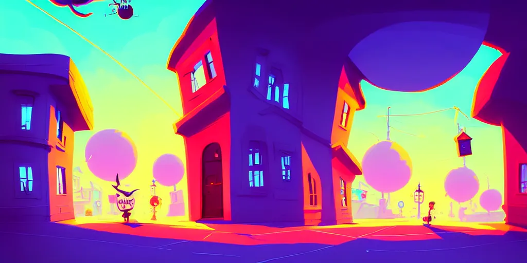 Image similar to curved perspective digital art of a summer small town street from nightmare before christmas by anton fadeev