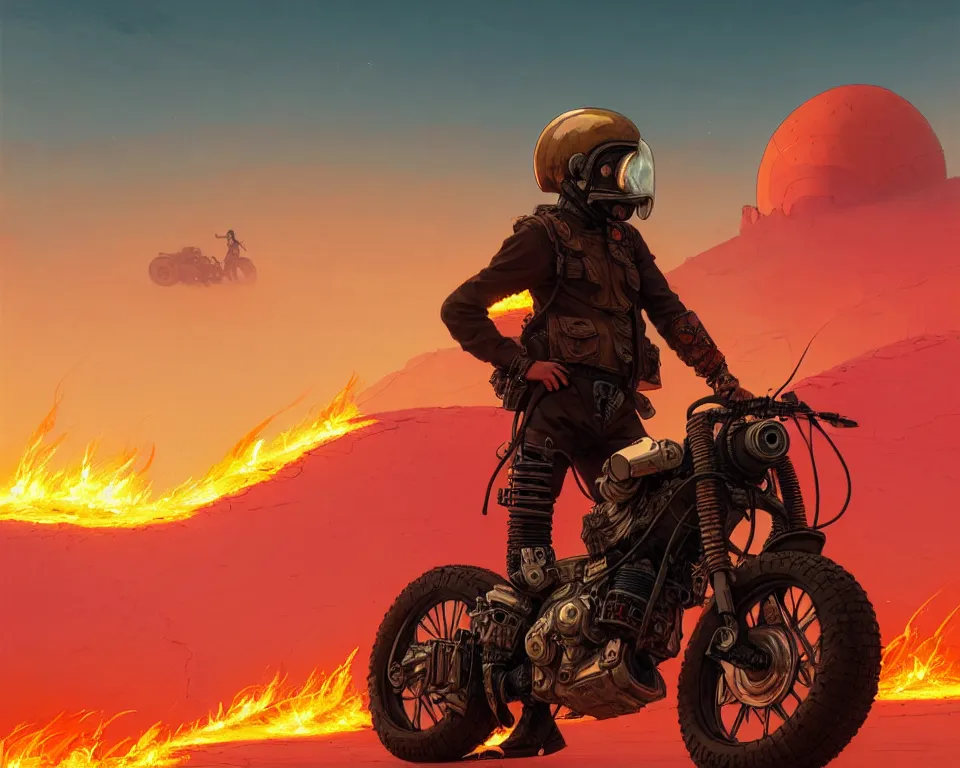 Image similar to a ultradetailed beautiful panting of post apocalyptic biker with helmet in front of burning desert, by ilya kuvshinov, greg rutkowski and makoto shinkai, trending on artstation