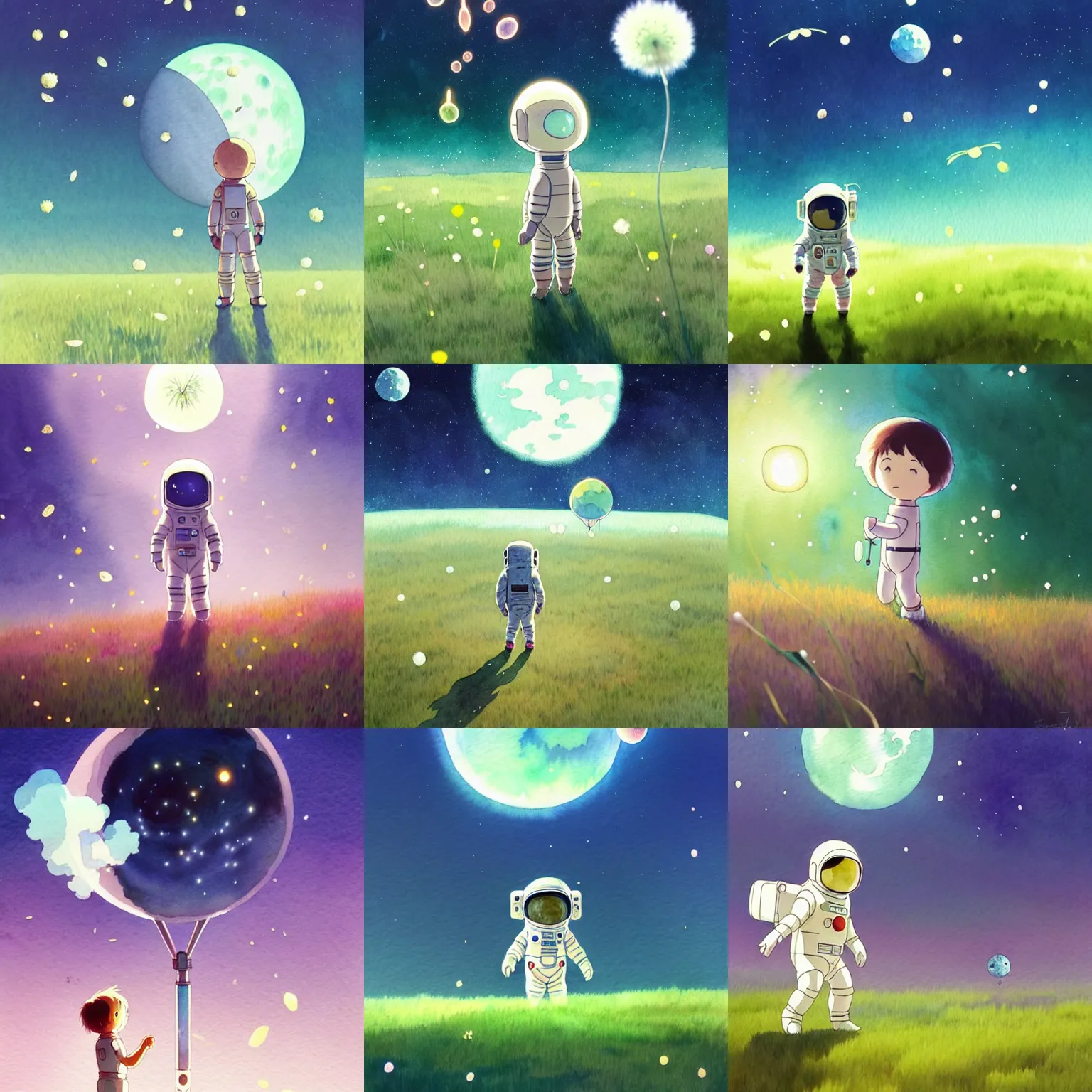 Prompt: a wholesome animation key shot of a lonely astronaut taking the first step on the grass moon, studio ghibli, pixar and disney animation, sharp, disney concept art watercolor illustration by mandy jurgens and alphonse mucha and alena aenami, pastel color palette, dandelion seeds float, gloomy, dramatic lighting