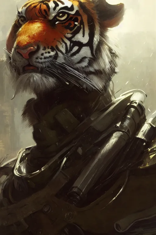 Image similar to portrait male anthro tiger dressed in military clothes character full body precis no blur, concept art, character sheet, nier automata, gaston bussiere, greg rutkowski, tsutomu nihei, cyberpunk, trending on artstation, featured on pixiv, hyper detail, cinematic composition, 8 k, detailed face