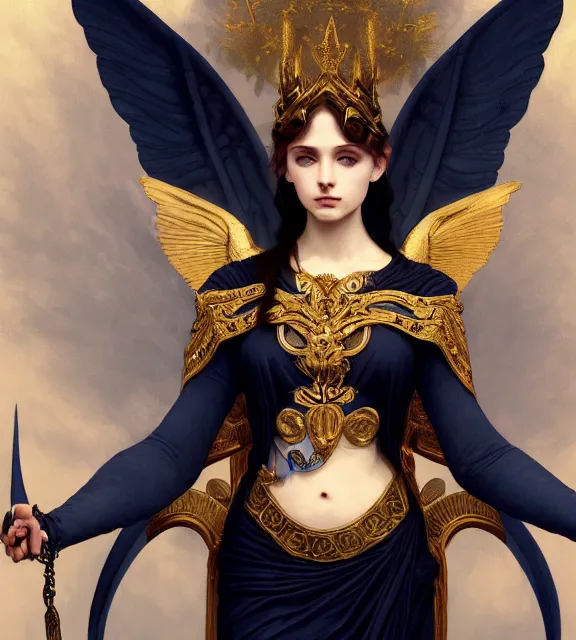 Image similar to god of death, young male, in the underworld, elegant dark blue dress, very detailed, throne, very intricate details, jewelry, gold eyeshadow, elaborate long black hairstyle, wings, cinematic, artstation, william bouguereau, alphonse mucha, greg rutkowski, rossdraws, octane render, no hands