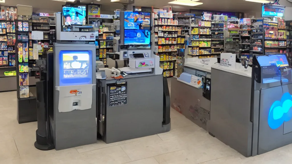 Image similar to cloudpunk unilateral convenience store robo - cashier