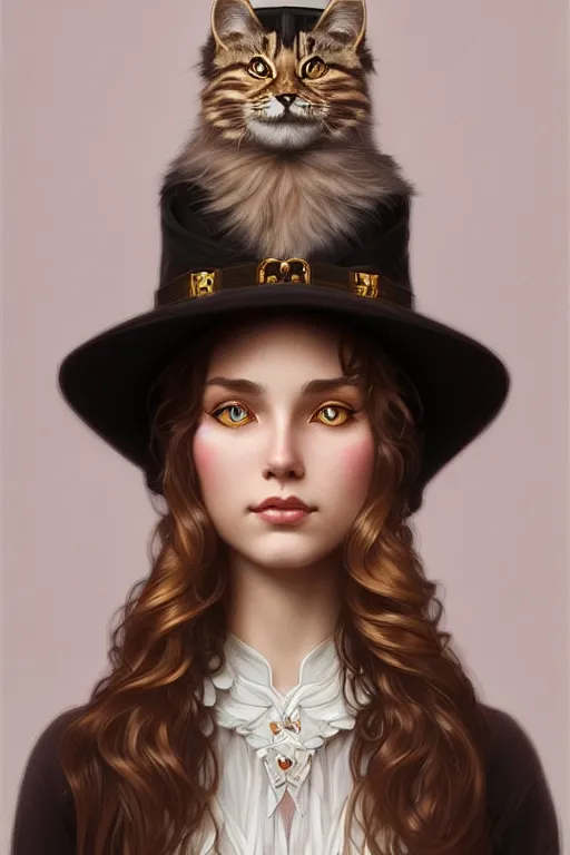 Prompt: symmetry!! girl with siberian cat in a hat!!, intricate, elegant, highly detailed, digital painting, artstation, concept art, smooth, sharp focus, illustration, art by artgerm and greg rutkowski and alphonse mucha, 8 k