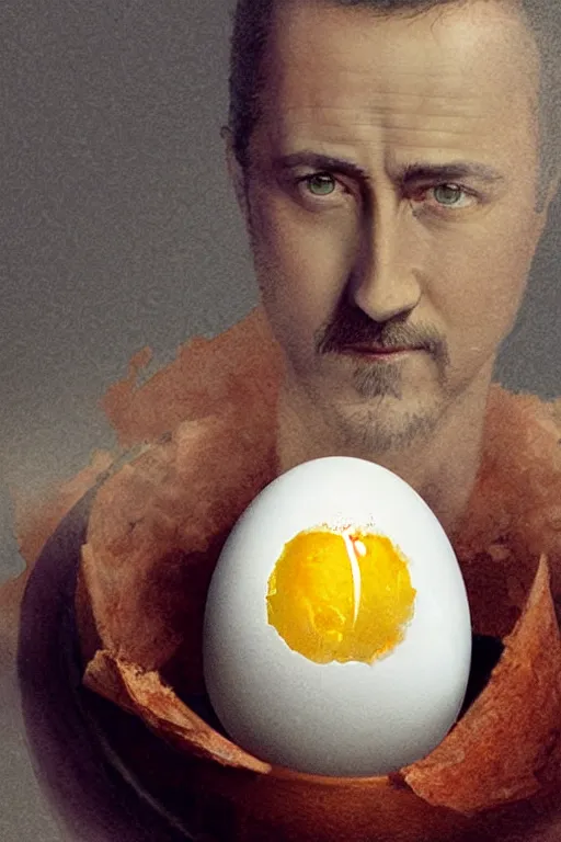 Image similar to a boiled egg with edward norton's face in the egg, highly detailed, dramatic lighting, concept art by caravaggio and greg rutkowski and artgerm