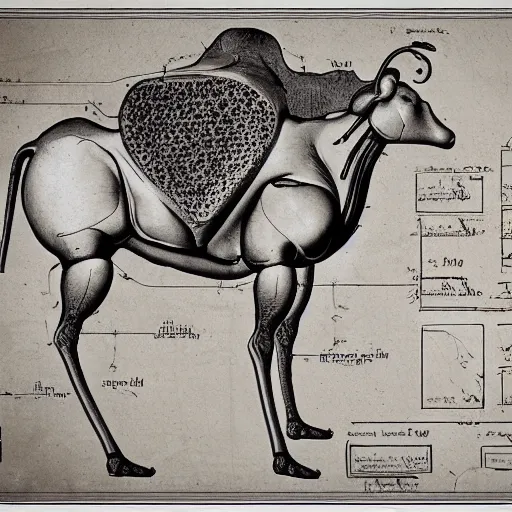 Image similar to highly detailed schematic of steak, da vinci