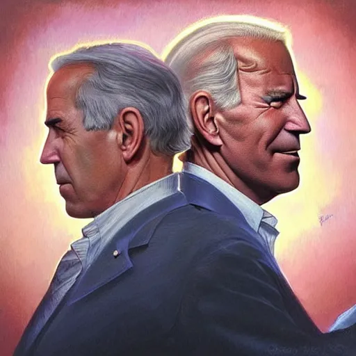 Image similar to Beautiful face Portrait of Jeffrey Epstein and Joe Biden drinking together, powerful , magic, thunders, dramatic lighting, intricate, wild, highly detailed, digital painting, artstation, concept art, smooth, sharp focus, illustration, art by artgerm and greg rutkowski and alphonse mucha, footage from space camera