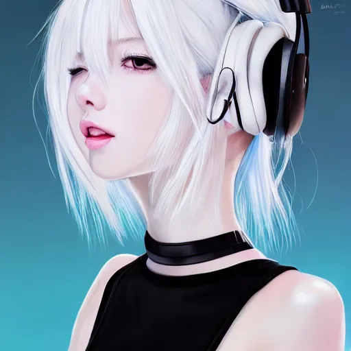 Image similar to realistic detailed semirealism beautiful gorgeous natural cute excited happy Blackpink Lalisa Manoban white hair white cat ears, wearing black camisole outfit, headphones, black leather choker artwork drawn full HD 4K high resolution quality artstyle professional artists WLOP, Aztodio, Taejune Kim, Guweiz, Pixiv, Instagram, Artstation