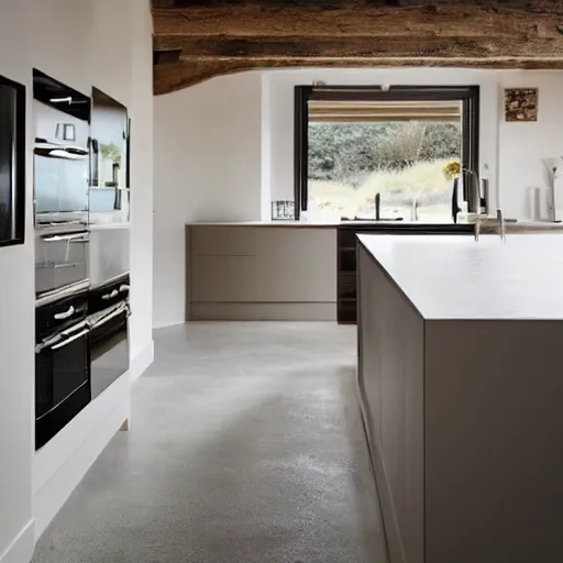 Image similar to luxury bespoke kitchen design, modern rustic, Japanese and Scandinavian influences, understated aesthetic, innovative materials and texture, by Roundhouse Design