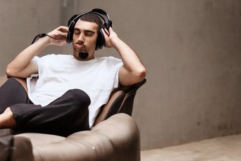 Image similar to a man that is deep in thought is wearing a white t - shirt and he is wearing black sweat pants and he is wearing over the ear headphones and he is relaxing in a brown leather chair that is in the reclining position