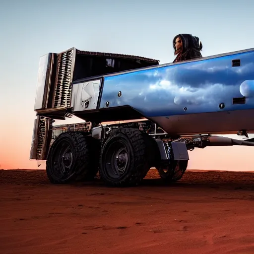 Prompt: 4 k hdr wide angle sony a 7 photo of a stainless steel shiny cybertruck surrounded by instagram model women on mars during a blue martian sunset