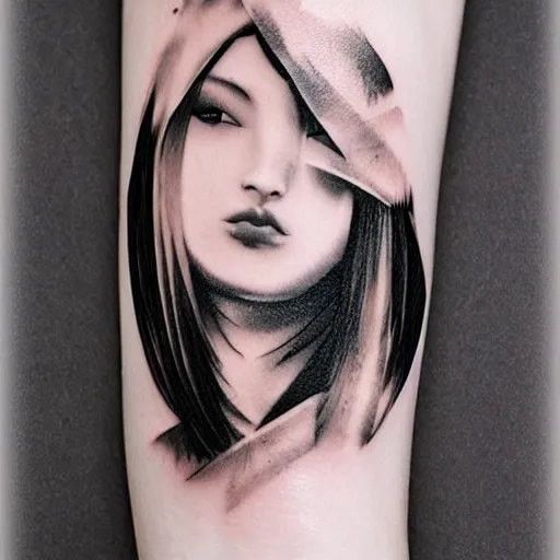 Image similar to tattoo design, stencil, beautiful young female, long dark hair, symmetrical facial features, Japanese, partially clothed in robe, by William-Adolphe Bouguerea and artgerm