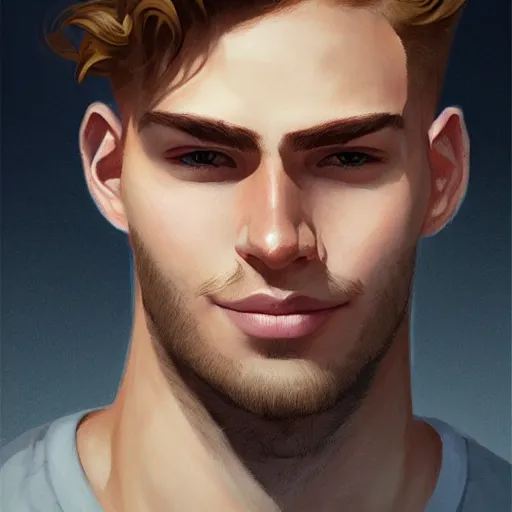 Image similar to tall chunky man in his twenties with brown blond short regular haircut and round facial structure with cleft chin, straight eyebrows, slightly smiling, cheekbones, straight nose, wider face, shadow of beard, atmospheric lighting, painted, intricate, 4 k, highly detailed by charlie bowater