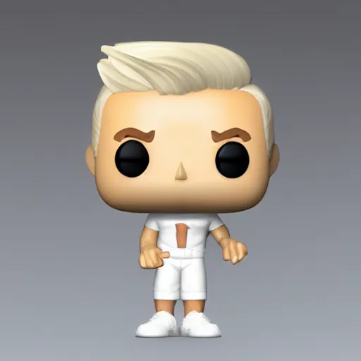 Image similar to funko pop, white man with blonde hair, 3d character model, funko pop, white background