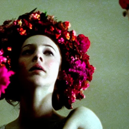 Image similar to movie still of the girl with the flowers head, cinematic composition, cinematic light, by edgar wright and david lynch, horror cinema