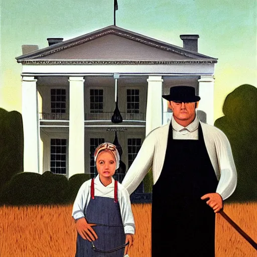 Image similar to an oil painting of a farmer standing beside his daughter in front of a white house. The woman wears a colonial print apron. The man wears overalls covered by a dark suit jacket and he carries a pitchfork. By Grant Wood, 1930.