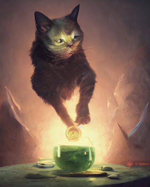 Prompt: oil painting of Anthropomorphized cat witch brewing potion, sharp focus, fantasy style, octane render, volumetric lighting, 8k high definition, by greg rutkowski, highly detailed, trending on art Station, magic the gathering artwork, Alchemist lab backround, centered