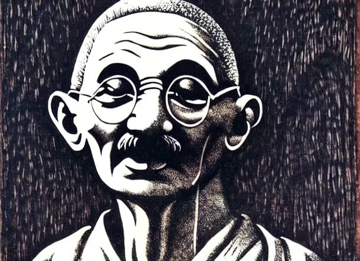 Prompt: a beautiful wood engraving on paper of gandhi