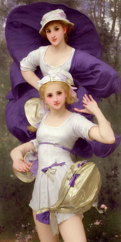 Image similar to A full body image of a cute magical girl with short blond hair wearing an oversized purple Beret, Baggy Purple overall shorts, Short Puffy pants made of silk, pointy jester shoes, a big billowy scarf, Golden Ribbon, and white leggings Covered in stars. Short Hair. Sunlit. Haute Couture. Art by william-adolphe bouguereau and Paul Delaroche and Alexandre Cabanel and Lawrence Alma-Tadema and Johannes Helgeson and WLOP. Smooth. Elegant. Highly Detailed. Intricate. Surrounded by clouds. 4K. UHD. Denoise.