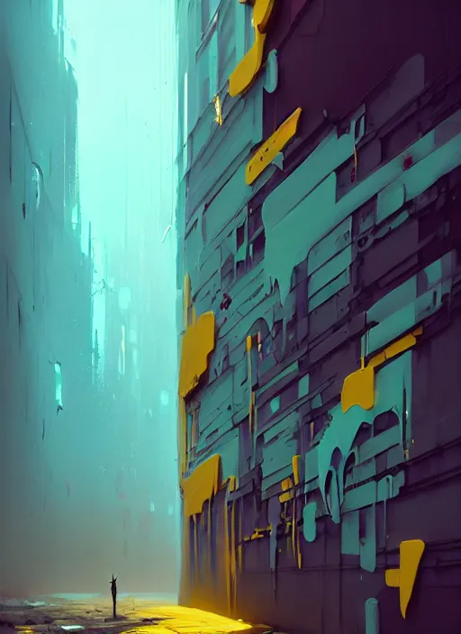 Image similar to matte painting extreme offset 3 d calligraphy graffiti mural dripping paint wall extreme maximalism by atey ghailan, by greg rutkowski, by greg tocchini, by james gilliard, by joe fenton, yellow, brown, black and cyan color scheme, octane render