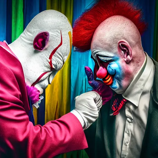 Prompt: a man slapping a clown after being insulted , XF IQ4, 150MP, 50mm, f/1.4, ISO 200, 1/160s, natural light, Adobe Photoshop, Adobe Lightroom, DxO Photolab, polarizing filter, Sense of Depth, AI enhanced, HDR