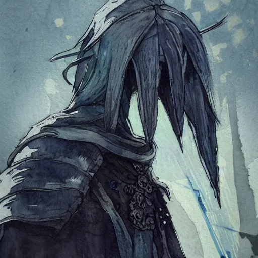 Image similar to A watercolor portrait of a character from Dark Souls, 4k, in the style of Studio Ghibli, trending on artstation, tasteful, bokeh, hyperrealistic, highly detailed, good proportions